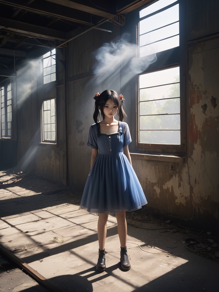 Gothic style,twin tails hairstyle,young *****,(best quality, masterpiece, photorealistic, realistic),8K,tyndall effect,realistic photography,Screen Settings 3:4,flowers,colorful flowers,little flowers in the corner,An Asian girl in a blue tight dress is standing in a dusty abandoned factory,light shining from the window,smoke around,Leica color,35mm,Abandoned building,(Various dance moves:1.2),(rim light),(the style of photography:1.1),(japanese style fuji photography style:1.3),(real:1.1),forest,(in the dark:1.1),(deep shadow:1.2),(low key:1.3),(Tyndall effect:1.2),(full_body:1.7),