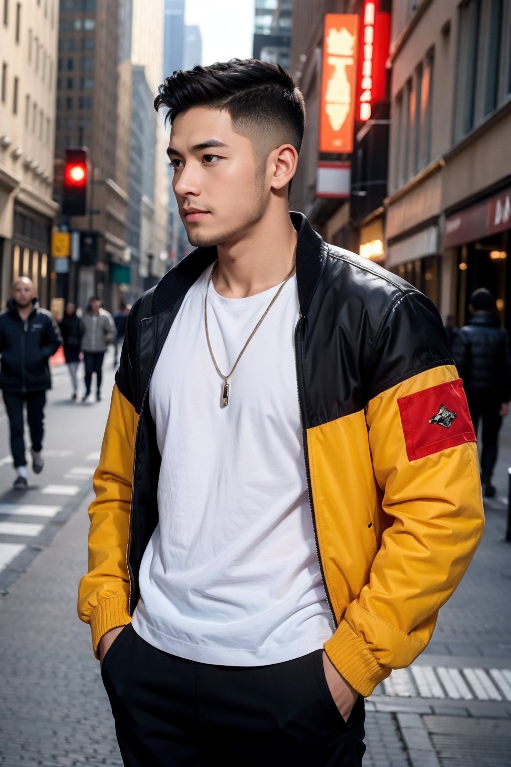1boy,male focus,jacket,solo,jewelry,shirt,black hair,open jacket,open clothes,short hair,outdoors,looking at viewer,necklace,pants,black shirt,red jacket,closed mouth,artist name,covered abs,hands in pockets,pectorals,black pants,muscular,off shoulder,city,muscular male,building,undercut,, masterpiece,best quality,