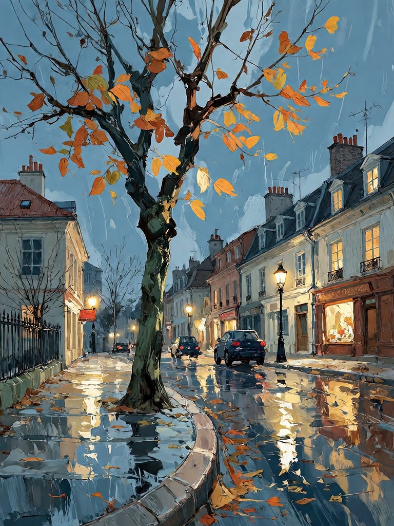 Bradhamel art style. A painterly impressionist street scene at dusk,  featuring a solitary tree with sparse orange-yellow...