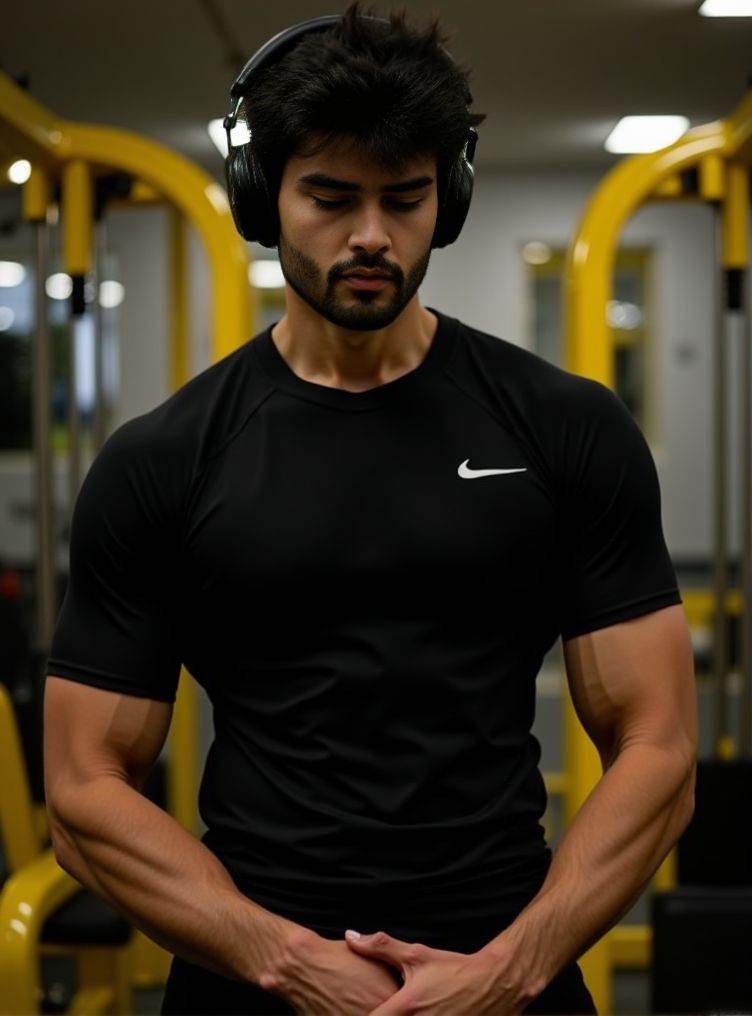 Rohit Khandelwal ,  A detailed low-angle image. in exceptional quality. He is in a gym with a predominance of black and a...