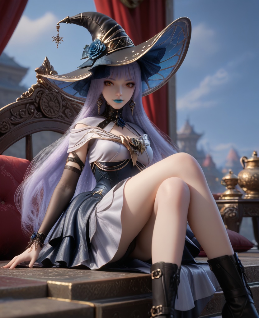 (oriental architecture, elegant decor, sophisticated style:1.1),(Sitting, legs tucked under, hands on the lap,:1.1),(breasts:1.2),<lora:XL16克金玩家白雪公主病:0.95>,witch,lavender gothic lolita dress with black peplum,orange eyes,lilac hair,very long hair,black witch hat,black opera gloves sleeves,blue lips,jewelry,faux blue rose embellishments,black boots,, score_9,score_8_up,score_7_up,score_6_up,score_5_up,score_4_up,3d rendering,tag1,tag2, Cinematic Lighting,backlighting,, zPDXL3, zPDXL2,zPDXL, zPDXLxxx, zPDXLrl,