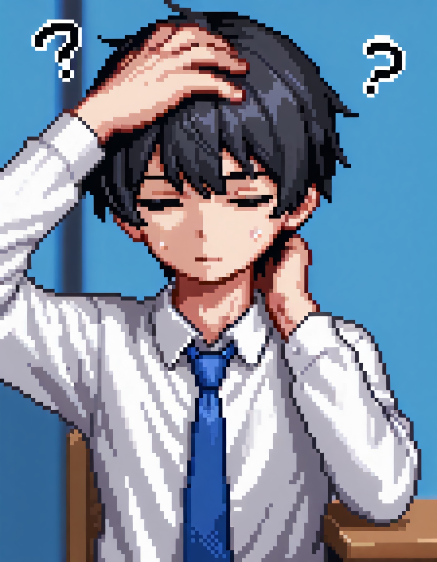 sweat, necktie, sfw, 1boy, white shirt, black hair, male focus, long sleeves, shirt, ?, blue necktie, solo, original, hand on own neck, hand on own head, looking down, upper body, bangs, short hair, blue background, blurry, closed mouth, blurry background, indoors, simple background, collared shirt, looking to the side, hand on own head, closed eyes
