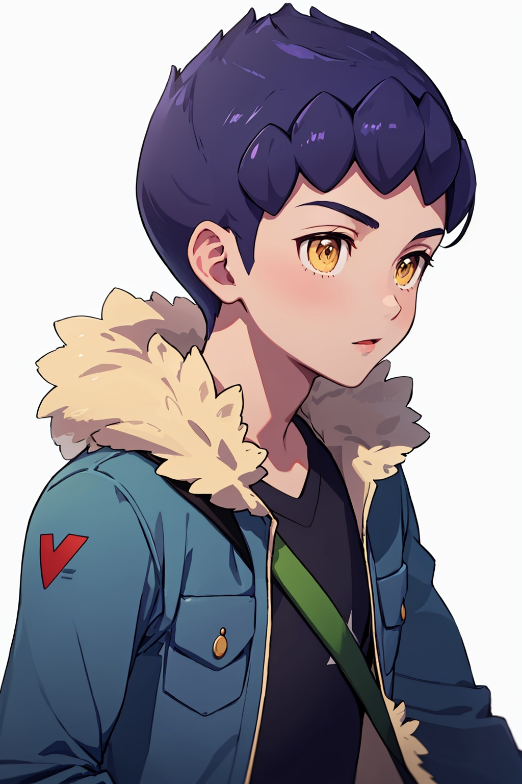 masterpiece,best quality, highly detailed, 1boy,black shirt,blue jacket,closed mouth,fur-trimmed jacket,hop (pokemon),male focus,solo,white background,open jacket,simple background,upper body,sleeves past elbows,looking to the side,<lora:hop_(pokemon):1>