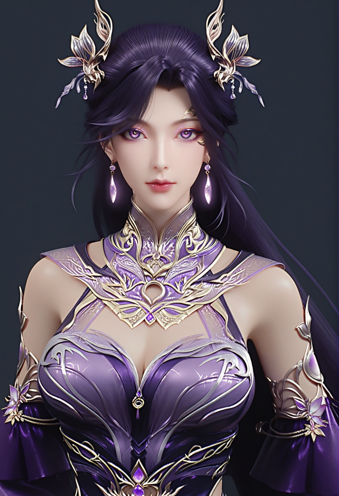 (score_9),<lora:燕倾城-Apony:0.83>,yanqinchen,(mature_female),solo,long hair,hair ornament,purple hair,high collar,jewelry,detached collar,earrings,purple dress,detached sleeves,belt,<lora:perfect eyes_v1:0.8>,purple eyes,front view,bright pupils,<lora:Expressive_H-000001:0.8>,glamor,collarbone,pointy breasts,puffy breasts,large breasts,narrow waist,simple background,black background,