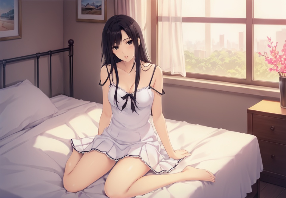 (best quality), ((masterpiece)), (highres), illustration, original, extremely detailed,   <lora:黑暗物语葬の花:0.7>1girl, solo, long hair, black hair, strap slip, skirt, arm support, school uniform, parted lips, bed, on bed, black eyes, sitting, breasts, window, collarbone, looking at viewer, chemise, indoors, medium breasts, pleated skirt, serafuku, dress, bare shoulders, white dress, black serafuku, underwear, spaghetti strap, camisole