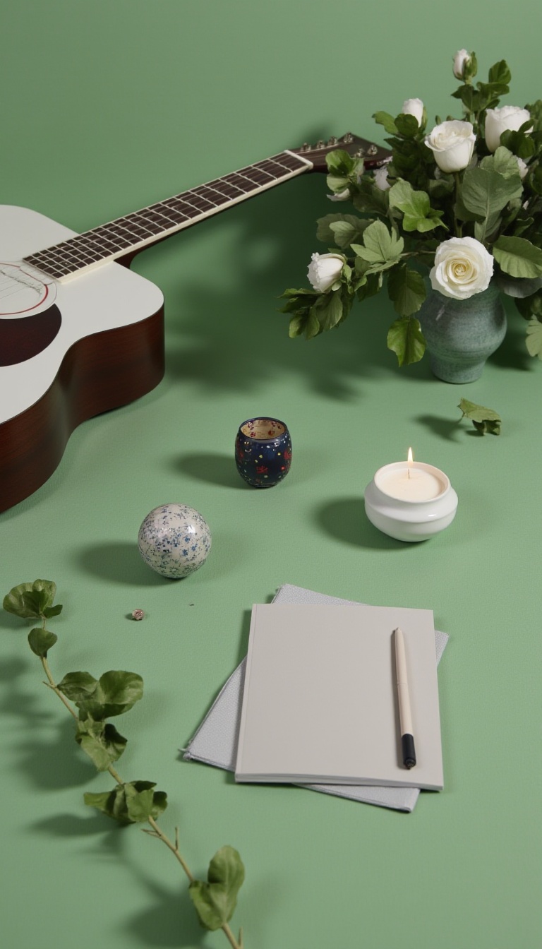 <lora:FL-bailing-24-0911monochromatic8p:1>,bailing_monochromatic,Green,notebook,guitar,bouquet,camera,cup,plate,candle,