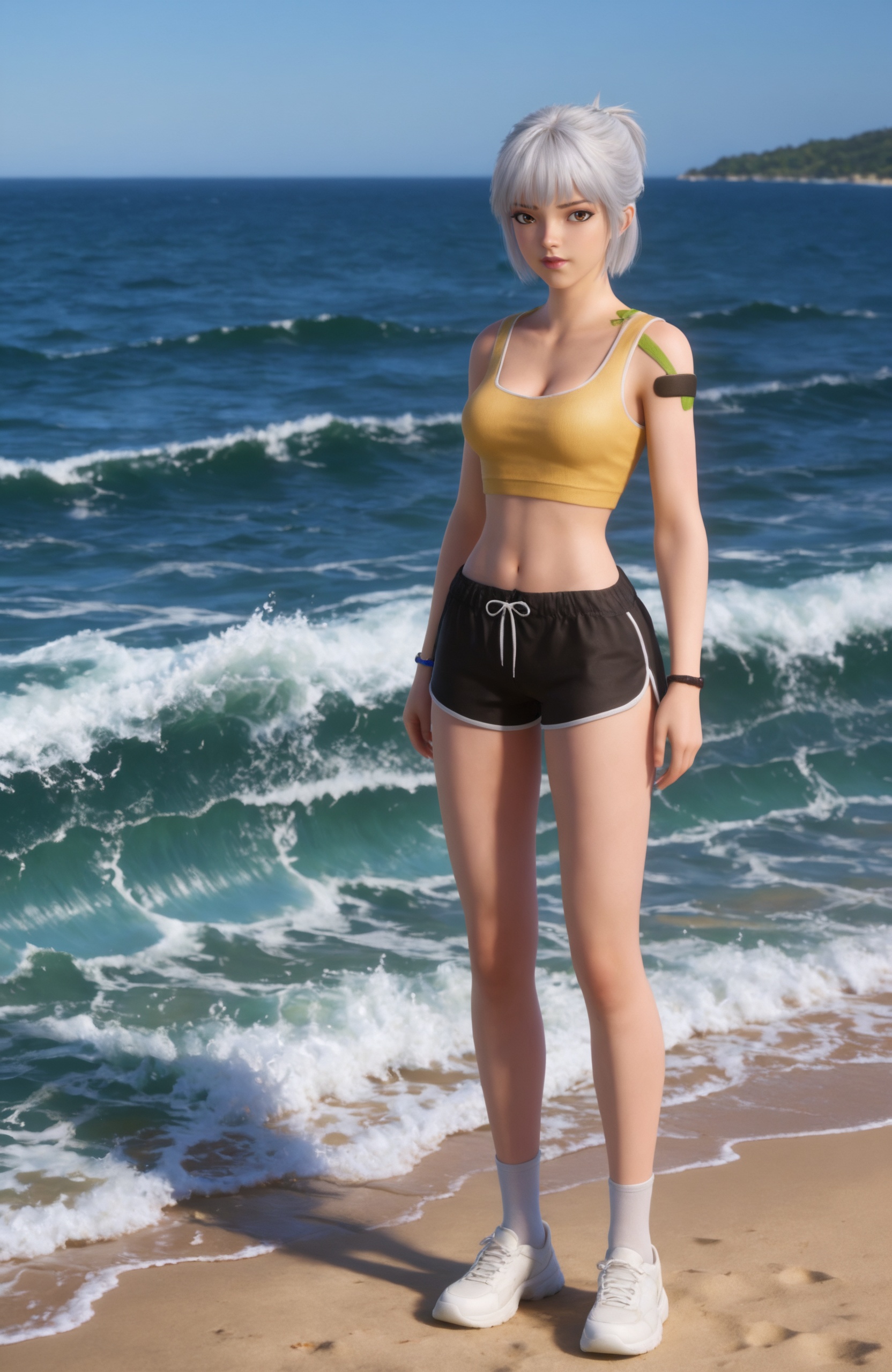 <lora:灵笼-白月魁-休闲Pony:0.7> 1girl, short hair, brown eyes,white hair, lips, **** top, cleavage, crop top, midriff,  black shorts,  tattoo, navel,bare legs,white socks, white footwear,, standing,Seaside,beach,waves,full body,