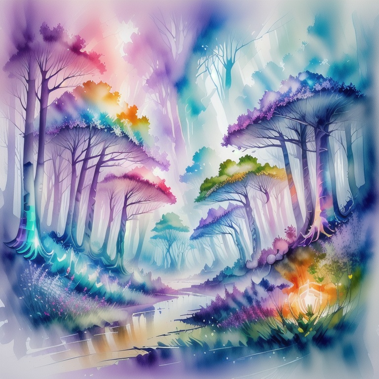((best quality, masterpiece, absurbres, super-resolution)),(atmospheric lighting),Enchanted mystical forest,glowing mushrooms,neon-colored flowers,extremely beautiful landscape,expansive landscape photography,(a low view that prioritizes the entire scene),(wide open field view),(low angle shot),(high key lighting:1.5),(warm light source:1),complex details,(iridescent colors:1.5),(bright lighting),nature,magical,scenery,landscape,,<lora:5WaterColorful-000003:1>