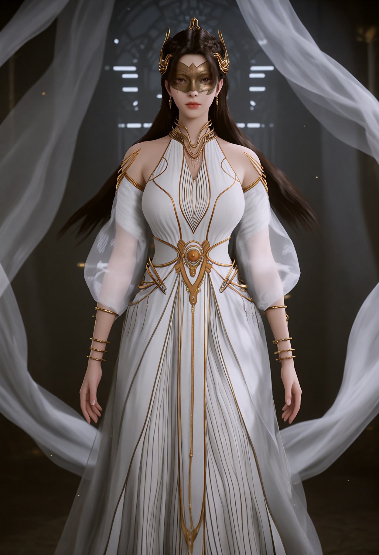 upper_body,(gigantic breasts:0.6),(slender:1.3),(looking_at_viewer:1.1),(masterpiece:1.1),(best quality:1.2),(intricate details),(smog:1.3),(Dark room:1.3),(dim lighting:1.3),<lora:YQ_Illustrious光辉v5_狠人大帝_V1:0.8>,(q1528437228:1.1),1girl,solo,dress,long_hair,jewelry,white_dress,black_hair,hair_ornament,bare_shoulders,brown_hair,mask,realistic,necklace,detached_sleeves,brown_eyes,bracelet,anklet,laurel_crown,cape,earrings,masterpiece,(best quality),(intricate details:0.9) BREAK (intricate details:0.9),(realistic skin:1.2),masterpiece,best quality,newest,absurdres,hiahres,