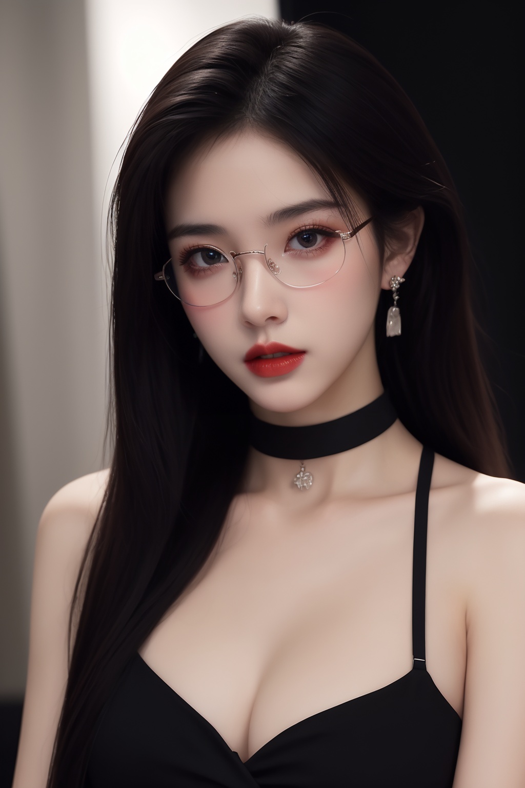 1girl, black choker, black hair, blurry, blurry background, blurry foreground, breasts, choker, cleavage, collarbone, depth of field, earrings, glasses, jewelry, large breasts, lips, long hair, looking at viewer, red lips, solo focus <lora:御姐:1>