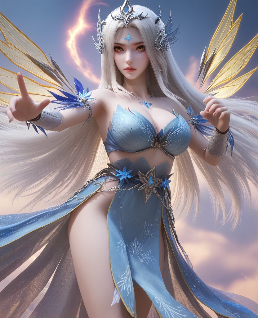 (martial arts flying roundhouse kick:1.1),(large breasts:1.2),<lora:XL16云深不知梦羲和元神:0.95>,miss xihe,powder blue dress,yellow eyes,facial mark,white hair,absurdly long hair with hair over shoulder,hair ornament,jewelry,, score_9,score_8_up,score_7_up,score_6_up,score_5_up,score_4_up,3d rendering,tag1,tag2, Cinematic Lighting,backlighting,