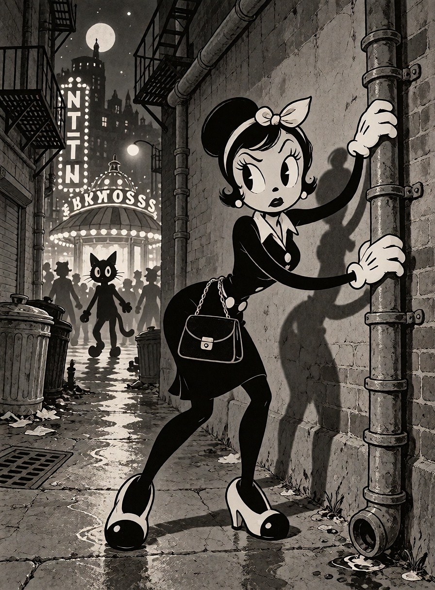 A wary cartoon woman with a high bun and handbag peers around an alley corner while gripping a drainpipe with a white glov...