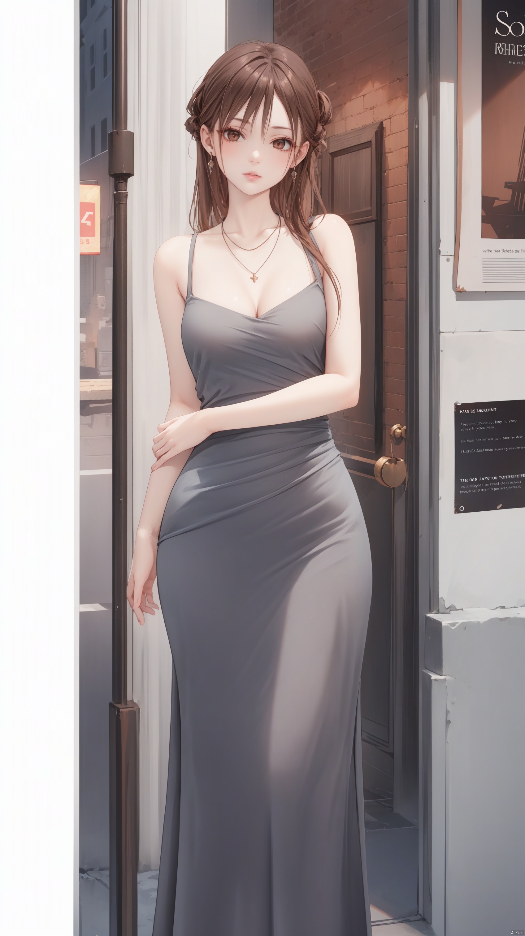 ——Poster Design,title,—— ——1girl, solo, long hair, , brown hair, , dress, brown eyes, jewelry, necklace, lips, realistic ————Moderate breast,————————<lora:EMS-260841-EMS:0.100000>, <lora:EMS-238967-EMS:0.100000>, <lora:EMS-356972-EMS:0.100000>, <lora:EMS-237410-EMS:0.300000>, <lora:EMS-446436-EMS:0.800000>