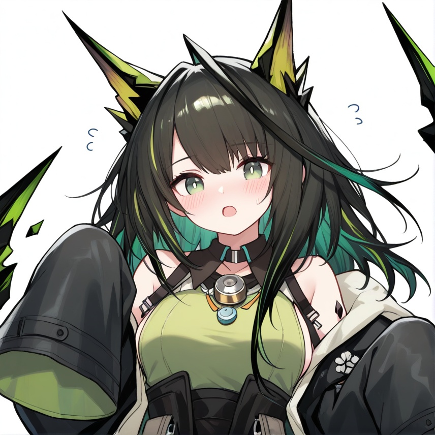 masterpiece, best quality, <lora:Mon3tr:0.8>, mon3tr \(arknights\), 1girl, solo, black hair, green eyes, white background, long hair, open mouth, looking at viewer, multicolored hair, simple background, sleeves past wrists, sleeves past fingers, jacket, blush, upper body, breasts, bare shoulders, green hair, black jacket, shirt, off shoulder, animal ears, open clothes, open jacket, sleeveless, long sleeves