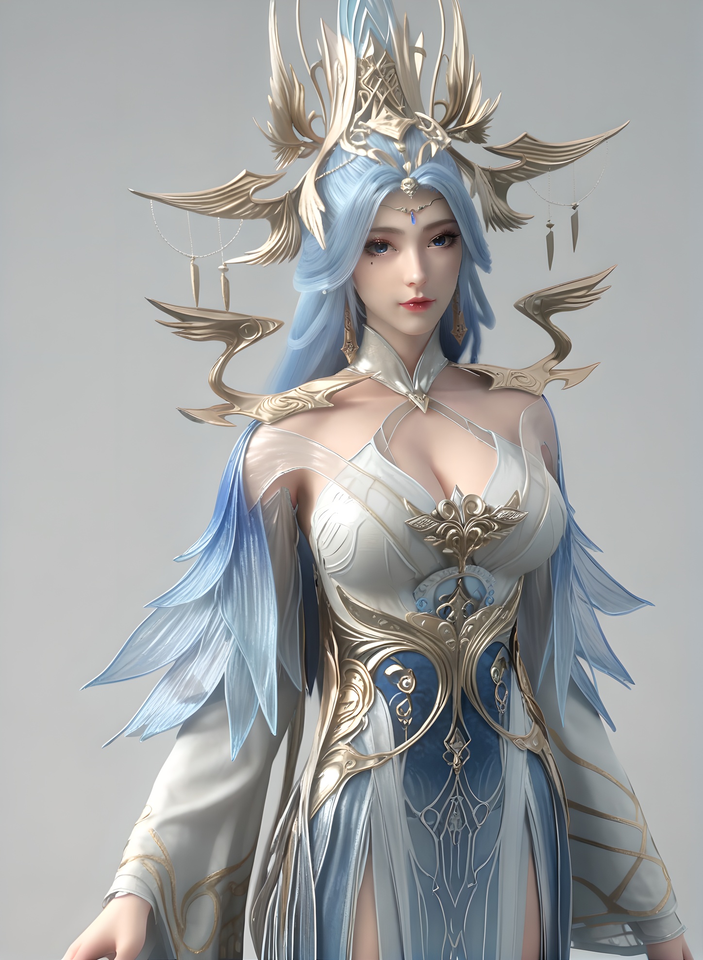 fair_skin,white_skin,Ivory_skin,score_9,<lora:SF_NingYuDieSecondCothing_Pony_Realism-000004:0.7>,hair ornament,dress,blue hair,1girl,breasts,large breasts,standing,solo,looking at viewer,simple background,