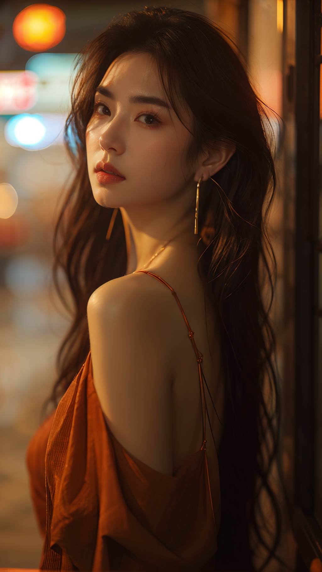 sdmai, fanhua, 1girl, solo, long hair, jewelry, earrings, looking at viewer, blurry, lips, realistic, brown hair, hoop earrings, depth of field, brown eyes <lora:fanhua-000009:0.6>