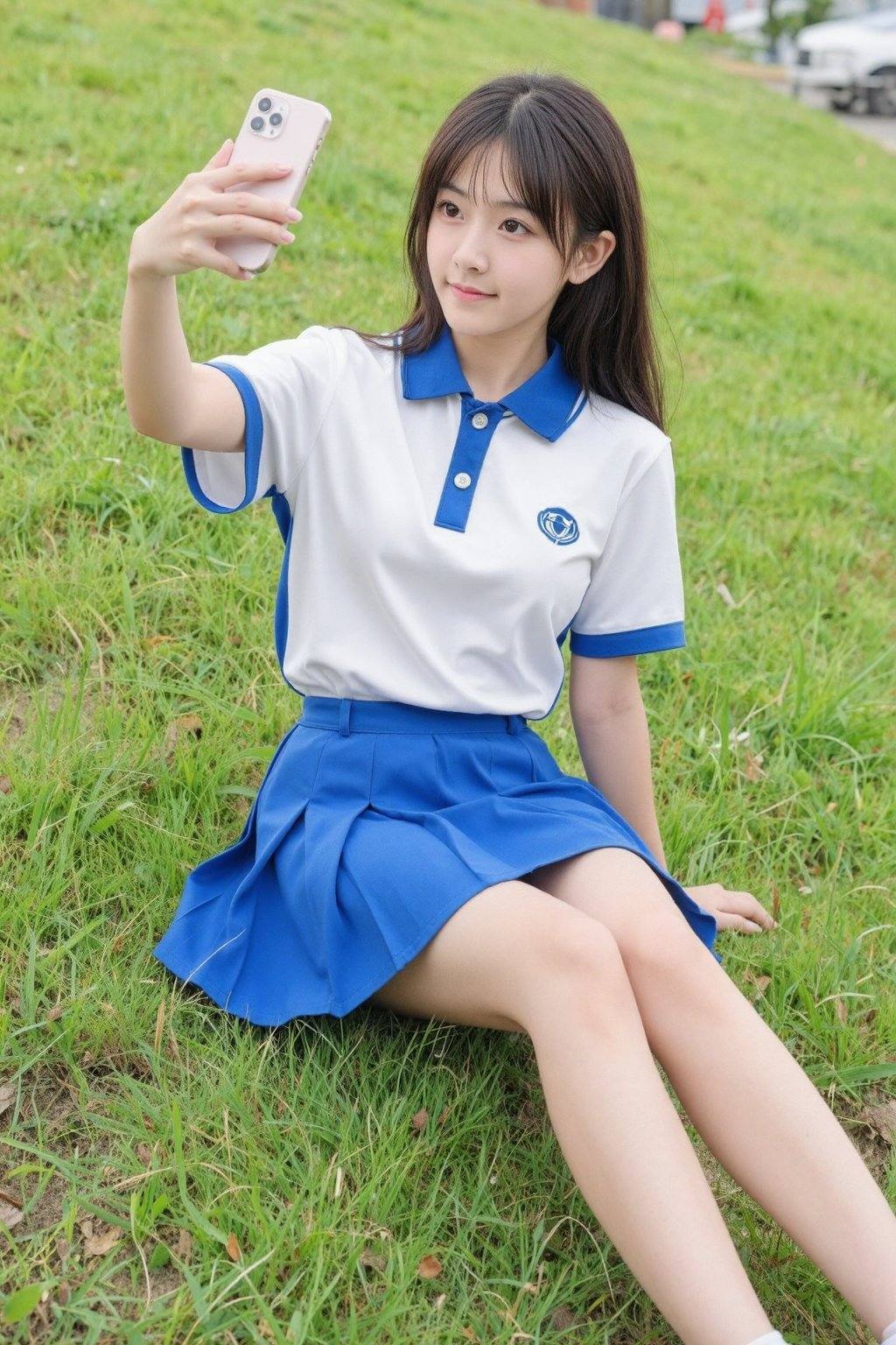 一位年轻女孩,  身穿白色和蓝色相间的polo衫和百褶裙,  手拿着手机自拍 on Tensor.Art