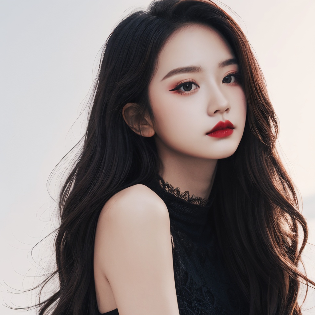 (looking at viewer),expressionless,(upper body,from below),1girl,solo,loli,pale_skin,(wavy long hair:1.3),(brown eyes:1.2),red lips,eyeshadow,makeup,((closed mouth:1.5)),(black dress:1.2),(white background),<lora:beauty:0.85>,