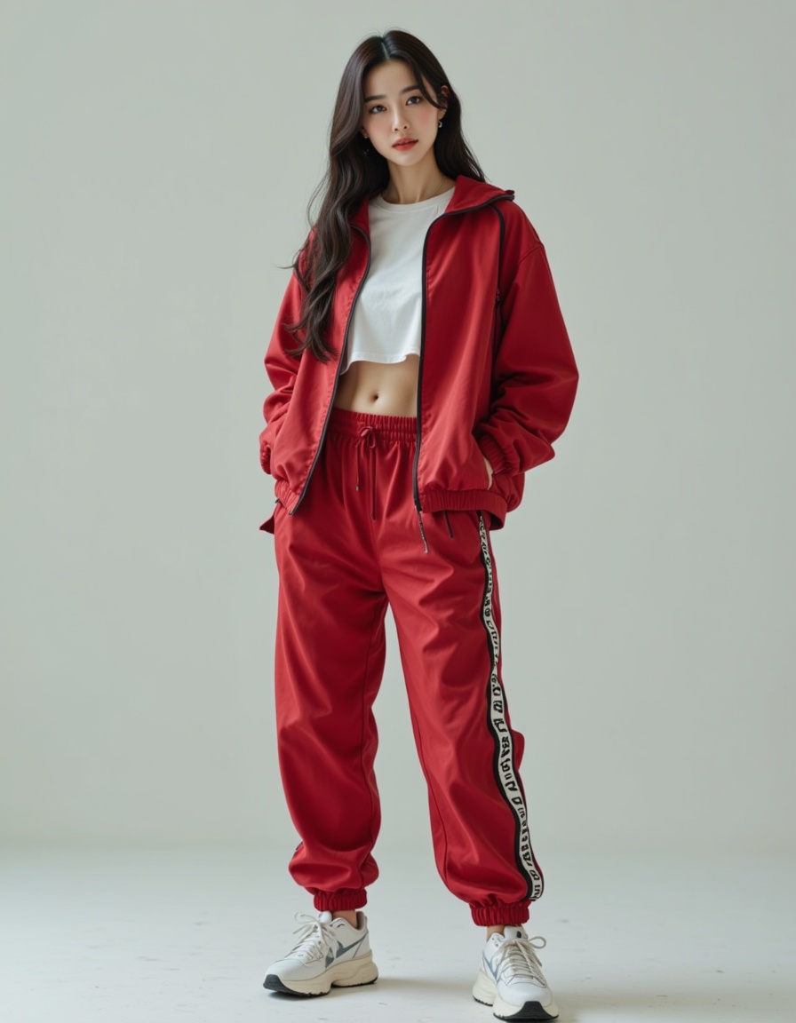 a real picture of a south korea woman,In Cropped windbreaker and track pants with side snaps,