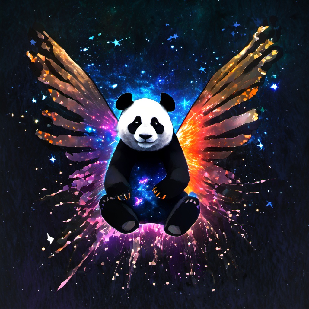 <lora:star_xl_v1:1>,The image showcases a vividly colored panda with wings that appear to be made of a translucent material,revealing a cosmic scene within. The wings are predominantly blue with hints of pink and orange,reminiscent of a galaxy or nebula. The background is dark,possibly representing a night sky or a rocky surface,and is adorned with sparkling stars and a bright shooting star. The panda body is black,contrasting sharply with the vibrant wings.,image,panda,wings,translucent material,cosmic scene,galaxy or nebula,dark background,sparkling stars,bright shooting star,