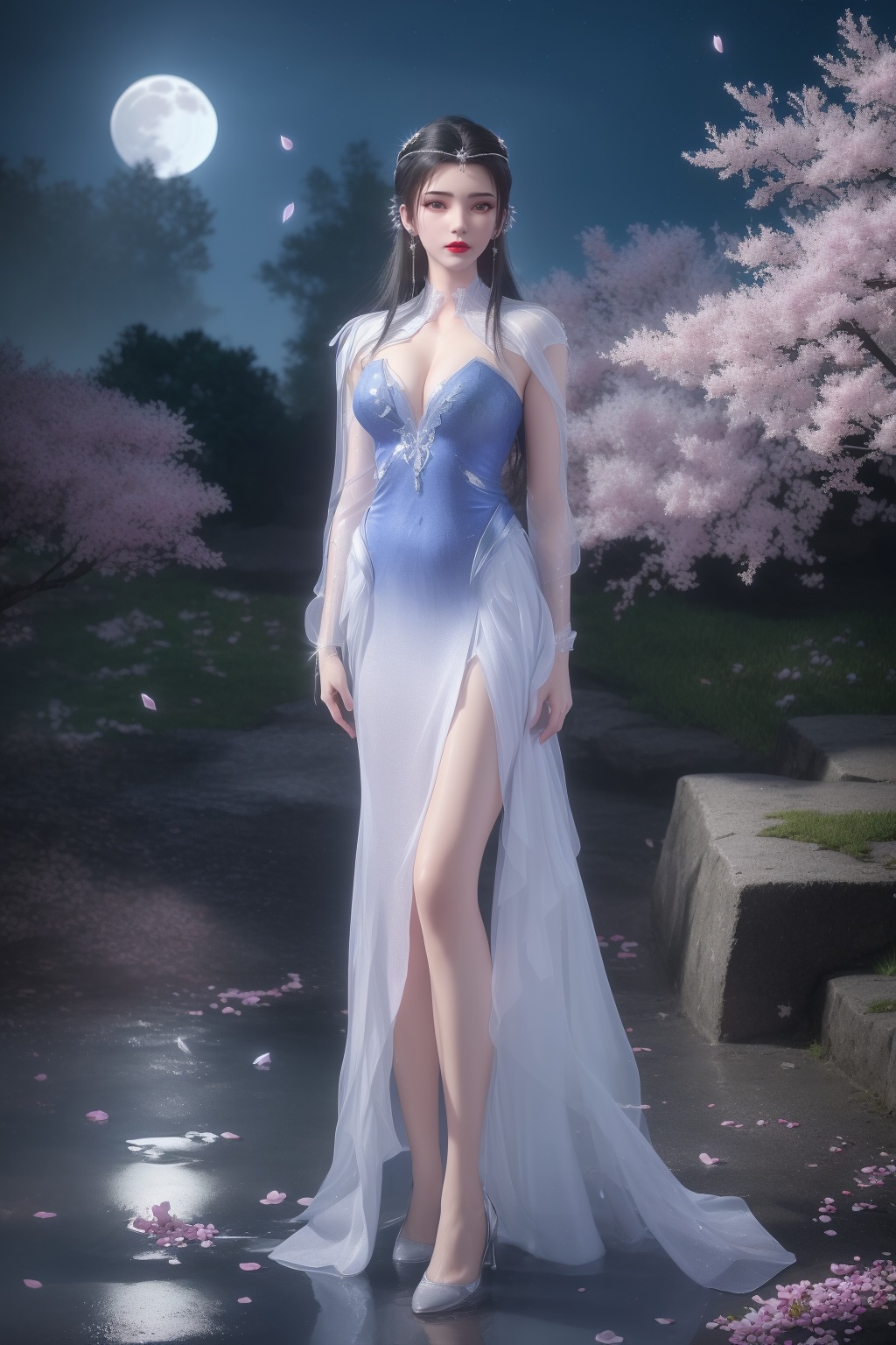 photo_\(medium\),(8k, RAW photo, best_quality),(masterpiece:1.2),(realistic:1.2),(photorealistic:1.3),(ultra-detailed),(extremely_detailed_cg_8k_wallpaper),(crystal_texture_skin:1.3),(shiny:1.2),(shiny_skin:1.4),(extremely_delicate_and_beautiful),(scenery, waterfall, (cherry_blossoms), (milfeulle_sakuraba), (petals, falling_petals), full_moon, moon, night, moonlight, night_sky, sky, petals, water, stone),1girl,solo,torogao,red lips,breasts,large breasts,dress,standing,jewelry,hair ornament,earrings,realistic,looking at viewer,<lora:shenfenglimuwanVerThree_20240408104902-000004:0.7>,