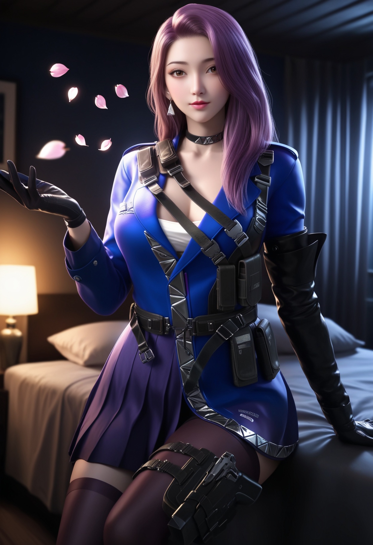 masterpiece,best quality,amazing quality,high resolution,ultra-detailed,absurdres,(looking at viewer:1.1),upper body,(Dark room:1.3),(moody lighting:1.1),peach blossom,falling petals,(large breasts:0.8),yunyouyou,1girl,solo,long hair,gloves,pink hair,choker,belt,black gloves,jewelry,earrings,brown eyes,thighhighs,jacket,skirt,holster,blue jacket,purple hair,single thighhigh,high heels BREAK photorealistic details,<lora:QQSillyunyouyoubwV1:0.9>,