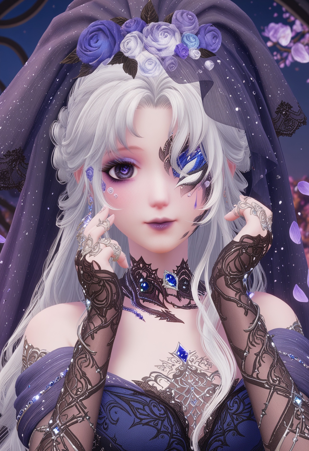 (upper_body:1.2),(looking at viewer:1.1),masterpiece,(best quality),smog,Dark room,dim lighting,peach blossom,falling petals,<lora:YQ_Illustrious光辉v5_暖暖36_V1:0.8>,q1528437228,1girl,solo,jewelry,long hair,white hair,purple eyes,dress,hair flower,hair ornament,makeup,earrings,gloves,ring,eyepatch,petals,purple lips,bridal gauntlets,pointy ears,blue eyes,grey hair,high heels,one eye covered,choker,pantyhose,long dress,bridal veil,fingerless gloves,necklace,fine fabric emphasis,bow,braid,eyeshadow,