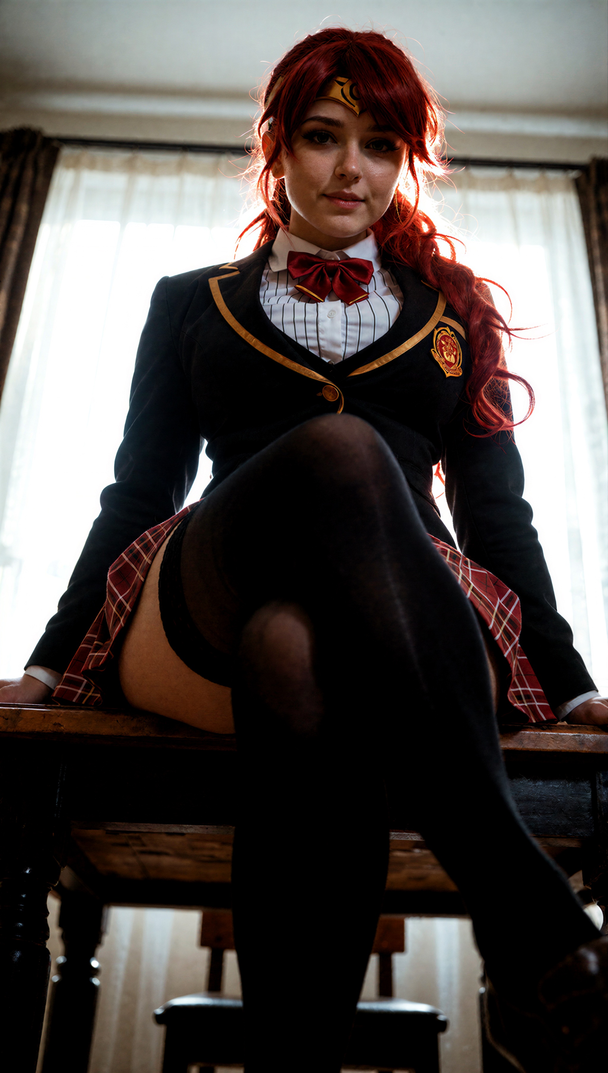 ultra realistic photography.Pyrrha Nikos from RWBY,  red hair freckles,  green eyes by getphat on Tensor.Art