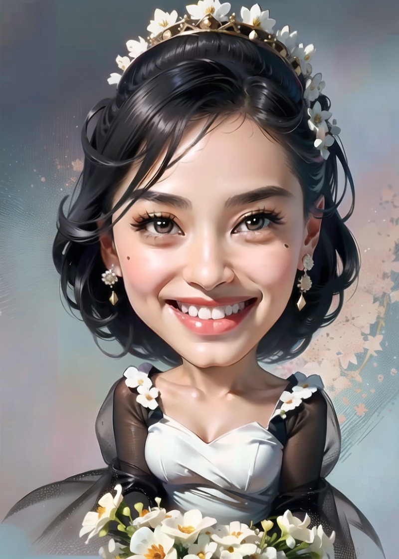 1girl,solo,jewelry,earrings,smile,black hair,mole,realistic,black eyes,grin,looking at viewer,bouquet,white dress,lips,simple background,datou,, (best quality:1.5), (masterpiece:1.5), (super Realistic:1.5),(high detail:1.5)