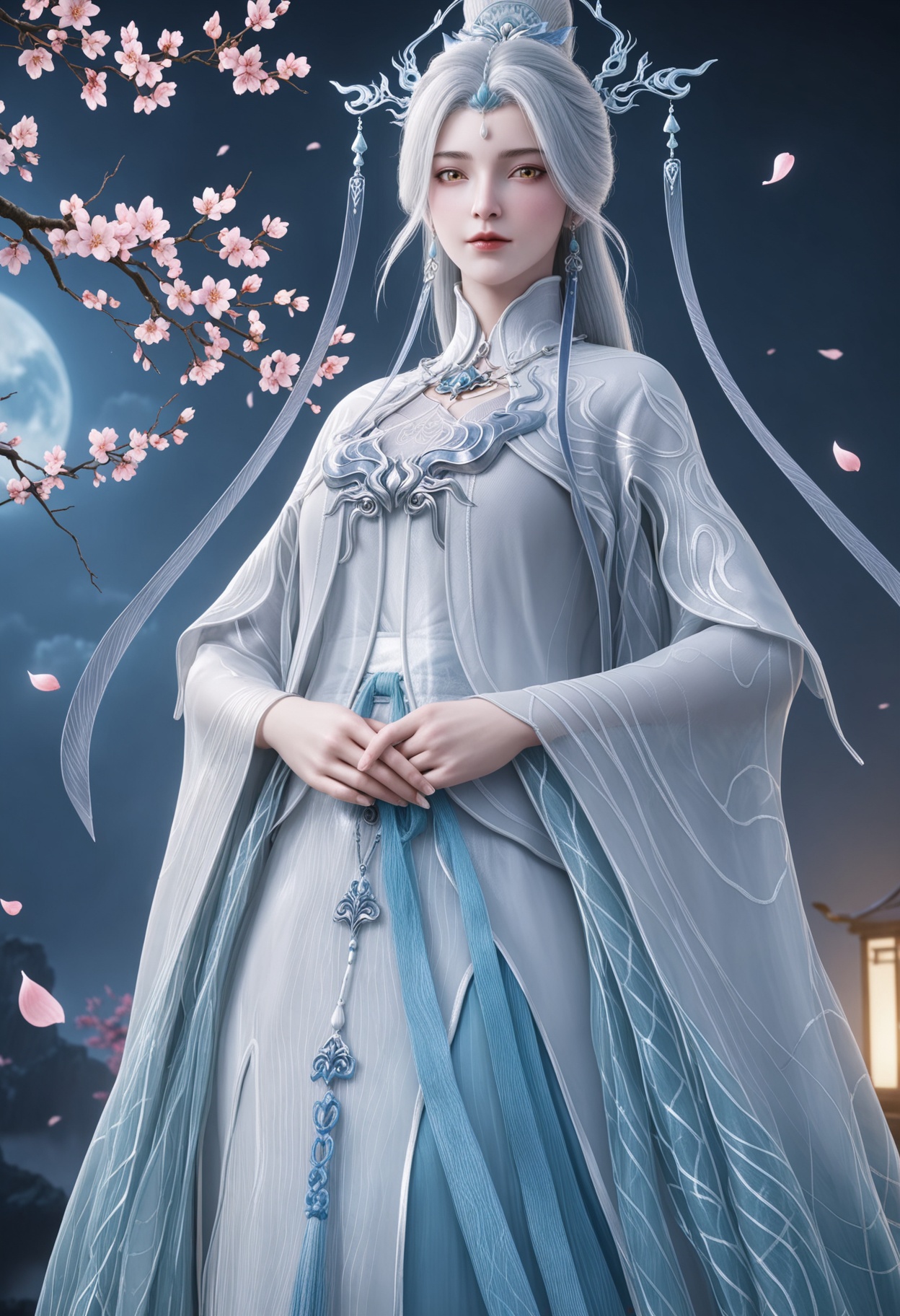 (cowboy shot:1.2),(looking at viewer:1.1),masterpiece,(best quality),smog,Dark room,dim lighting,peach blossom,falling petals,<lora:YQ_Illustrious光辉v5_剑妈_服装2_V1:0.8>,q1528437228,solo,1girl,white hair,long hair,jewelry,hair ornament,earrings,hair bun,chinese clothes,dress,long sleeves,white dress,yellow eyes,wide sleeves,forehead mark,brown eyes,robe,single hair bun,tassel,facial mark,