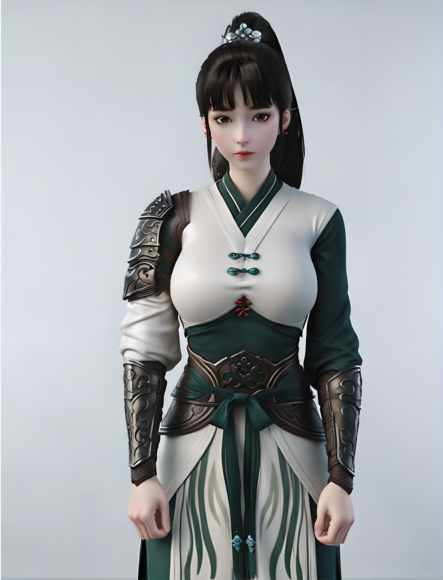 fair_skin,white_skin,Ivory_skin,score_9,<lora:SF_RuanXiu_Pony_Realism-000004:0.7>,hair ornament,black hair,1girl,standing,breasts,large breasts,ponytail,armor,chinese clothes,black eyes,solo,looking at viewer,simple background,