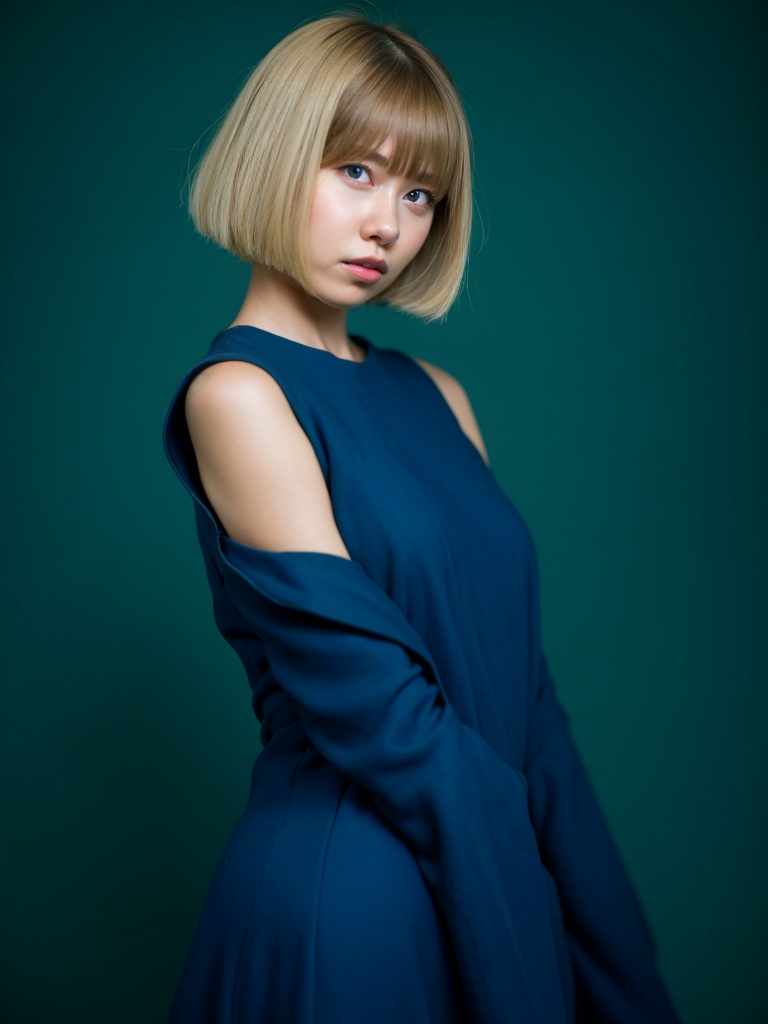 1girl, solo, blonde hair, looking at viewer, blue eyes, dress, realistic, short hair, standing, head tilt, blue dress, bob cut