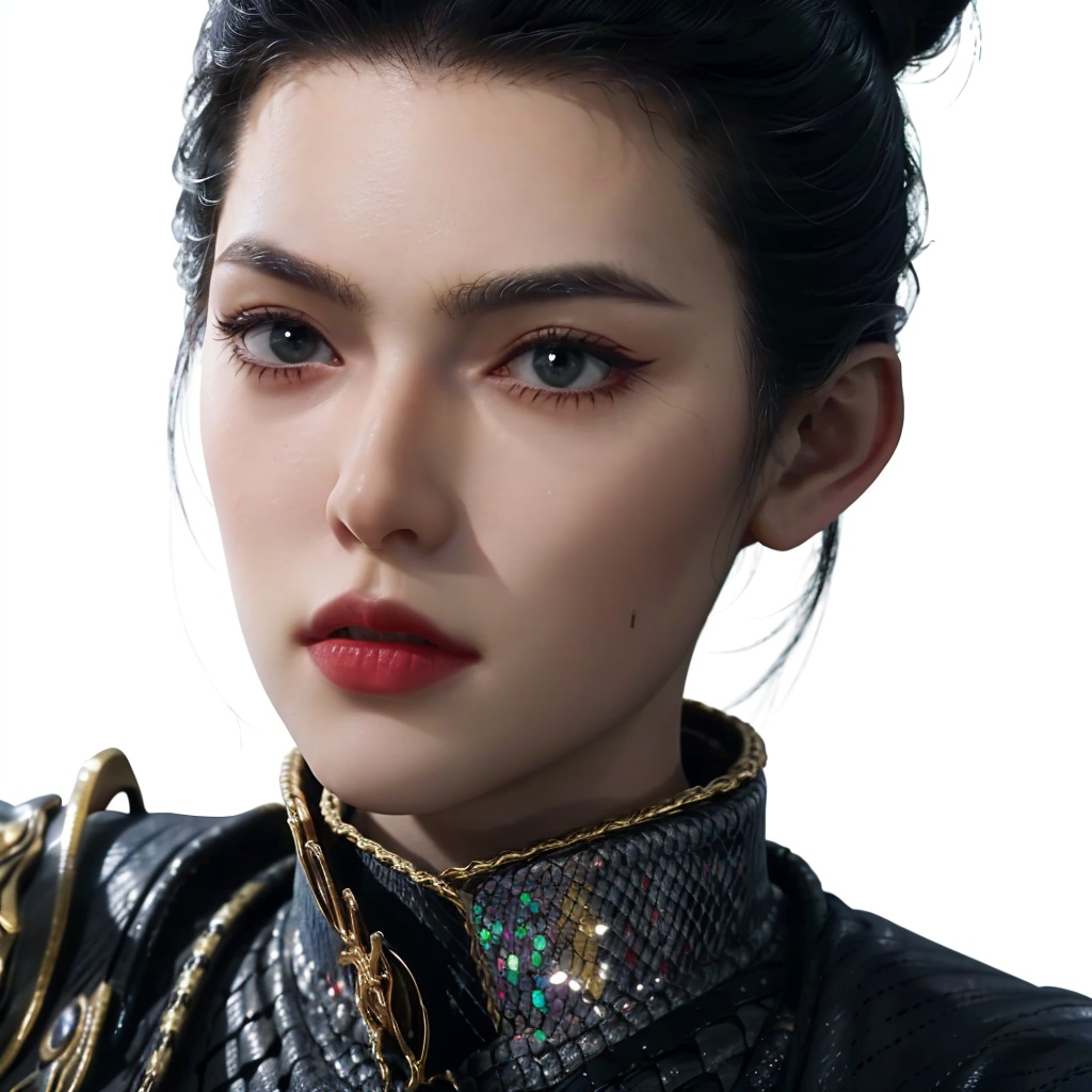 1girl,solo,big eyes,forehead,red lips,black hair,(single hair bun),hair ornament,chainmail,armor,(looking at viewer),(close-up),(white background),3d,game cg,(Cinematic Lighting),(skin gloss),(perfect skin),Highly detailed,(ultra-detailed),hatching \(texture\),(8k,best quality,huge filesize,masterpiece:1.5),<lora:斗罗大陆2-仙琳儿:0.55>,