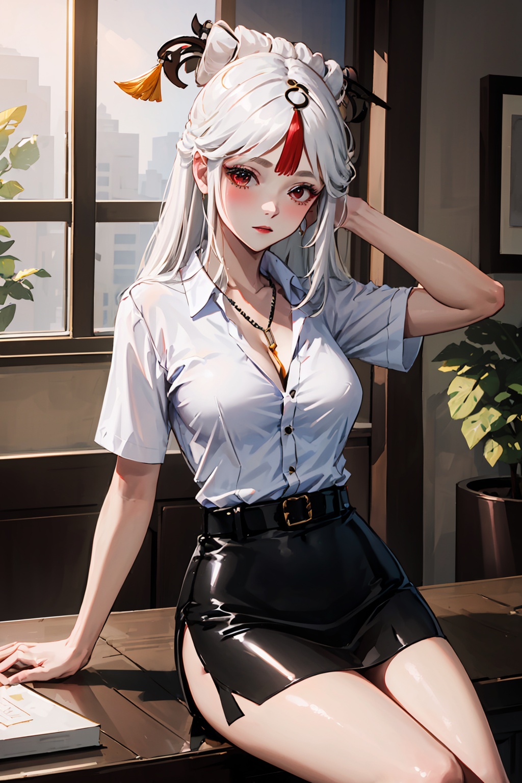 1girl,ningguang,(genshin impact),solo,large breasts,red eyes,looking at viewer,white hair,sitting,hair ornament,parted bangs,white pencil skirt,hair stick,sitting on table,short sleeves,cleavage,very long hair,white collared shirt,alternate costume,indoors,thighs,parted lips,belt,contemporary,tassel hair ornament,partially unbuttoned,sidelocks,shirt tucked in,dress shirt,feet out of frame,arm support,blush,<lora:NingGuang:1>,
