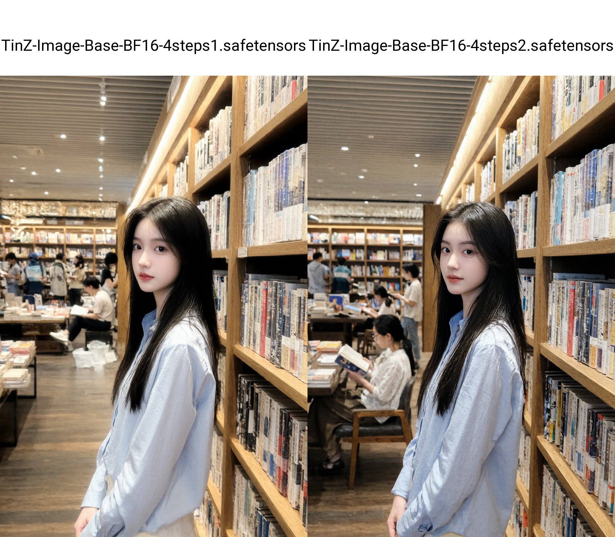 A photograph captures a serene, narrow library aisle lined with wooden bookshelves. A young woman with fair skin, long black hair, and delicate features stands in the foreground. She wears an light blue shirt. The background reveals other patrons, also engaged in reading, adding to the tranquil, scholarly atmosphere. Warm, ambient lighting enhances the cozy, intellectual ambiance of the library.