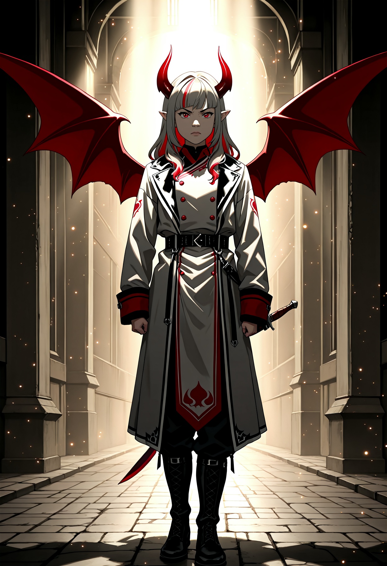 Smooth Quality, <lora:Avatar-Anime-Style2:1> In the Avatar Animation style, rainy chinatown,1girl,serious,horns,highres,dagger,red wings,jacket,absurdres,red hair,red horns,grey hair,demon girl,dress,knife,looking at viewer,expressionless,formal clothes,kuzuha \(nijisanji\),makaino ririmu,red eyes,koze niire,long hair,weapon,two-tone hair,nijisanji,full body,boots,standing,multicolored hair,demon boy,1boy,pointy ears,wings