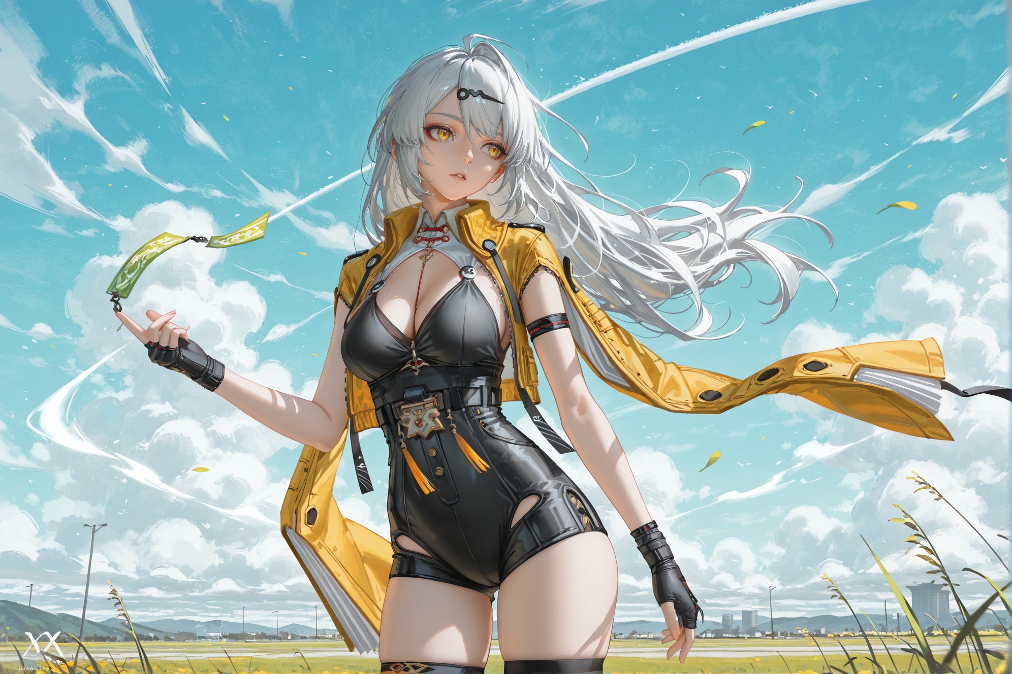 8k,best quality,masterpiece,(ultra-detailed),(high detailed skin),((artist:reoen),  year 2024:0.8)1girl,[artist:wlop],[artist:ningen_mame],artist:ciloranko,[[artist:rhasta]],artist:tidsean,artist:iumu,artist:nyarko,wind,solo,She leaned into the wind and stopping herself from blowing any further across the field,swept bangs,side hair flap,linear hatching,upper body,open field,sandals,best quality,amazing quality,very aesthetic,absurdres,close-up,looking to the side,<lora:yixuan-ill-Tanger:0.9>,yixuan \(Zenless Zone Zero\), clothes: yx def combat bodysuit, open yellow jacket, 1girl, long hair, asymmetrical fingerless gloves, yellow eyes, breasts, single thighhigh, black gloves, cleavage,bangs