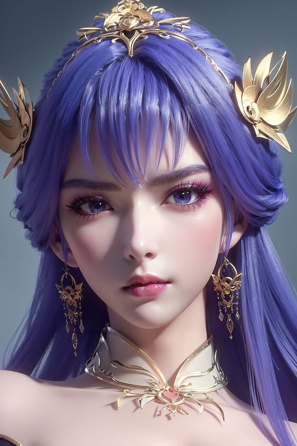 tianqiong,portiart,1girl,solo,<lora:tianqiong:0.7>,jewelry,hair ornament,solo,earrings,long hair,blue eyes,blue hair,looking at viewer,necklace,purple hair,masterpiece,HDR,UHD,8K,best quality,Photographic