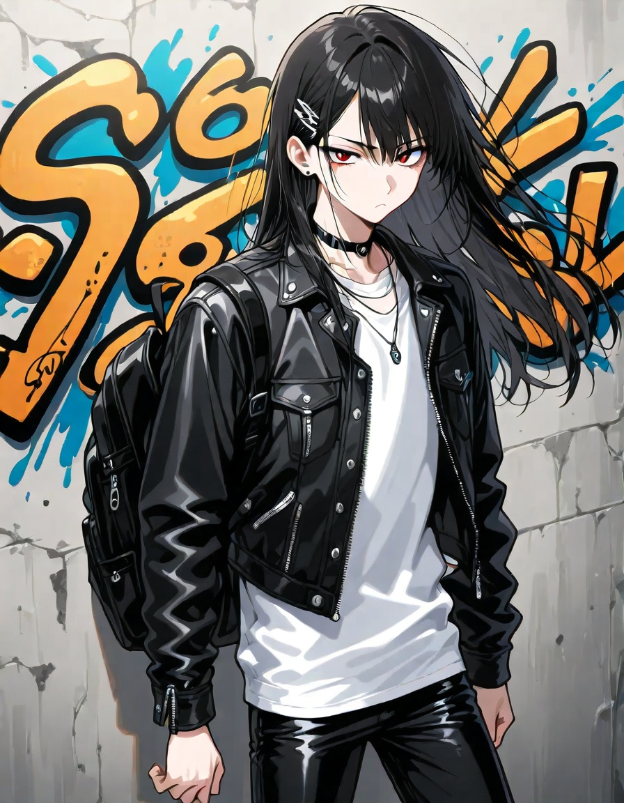 score 9,score 8 up,score 7 up, 1boy,solo,long hair,looking at viewer,sharp eyes,bangs,jacket,shirt,black hair,hair ornament,long sleeves,urban street background,flowing hair,jewelry,closed mouth,standing,open clothes,choker,hairclip,black pants,necklace,bag,open jacket,white shirt,backpack,bandaid,zipper,leather jacket,graffiti wall,confident pose,wind blowing hair,