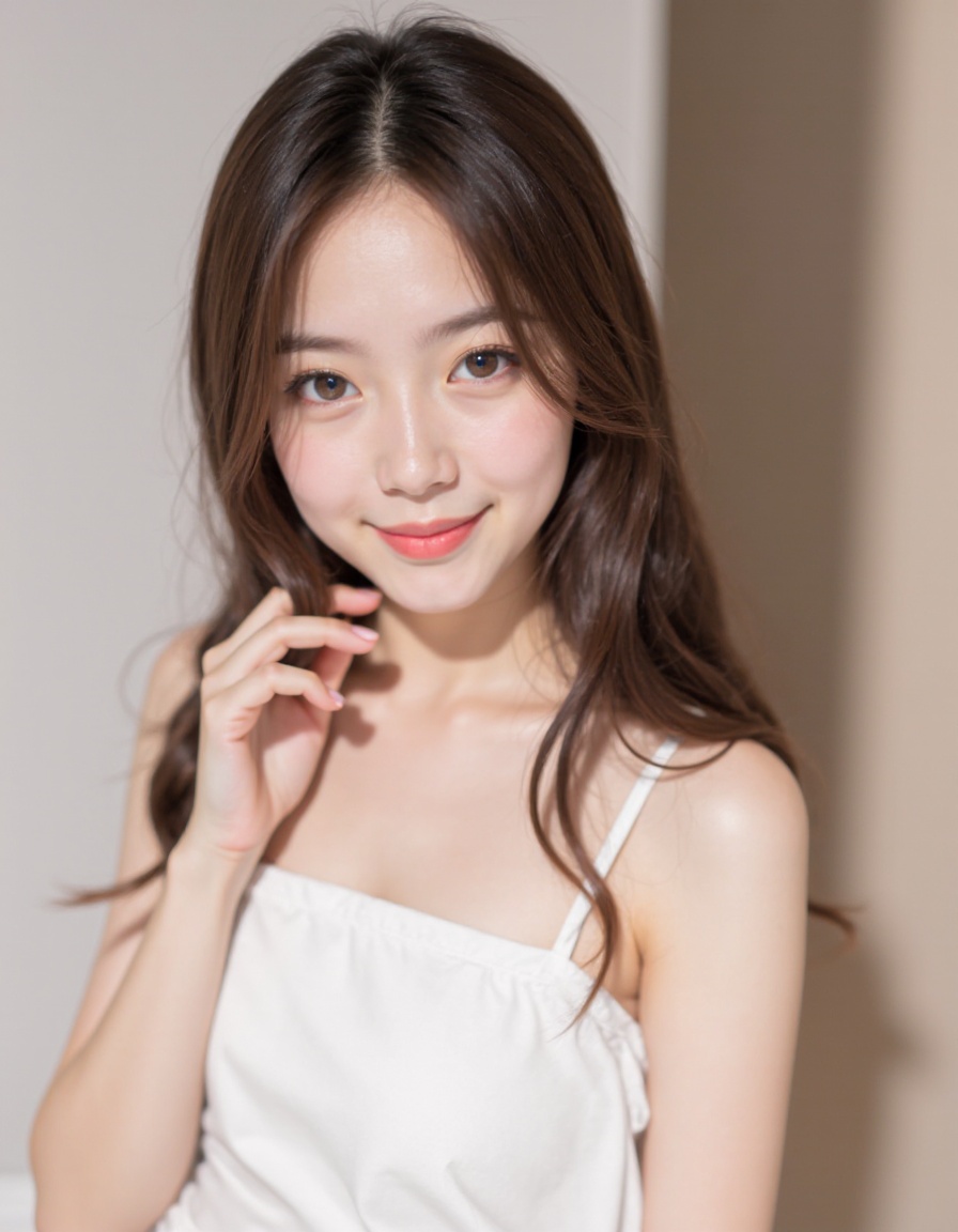 1girl, solo, realistic, brown hair, looking at viewer, dress, long hair, smile, white dress, brown eyes, photorealistic, blurry background, upper body, lips, blurry, sleeveless, breasts