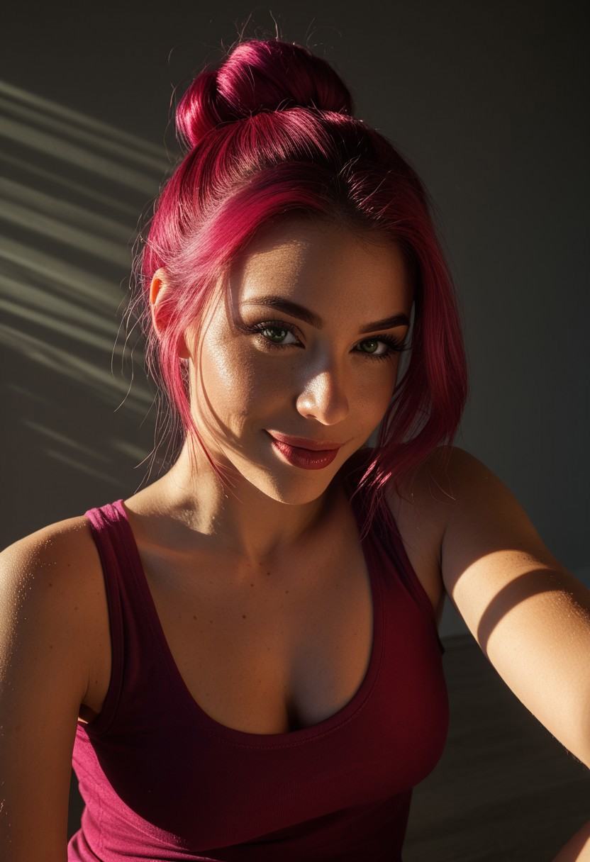 Photorealistic portrait of a woman taken in natural morning light. Slight asymmetry in facial features,  realistic skin te...