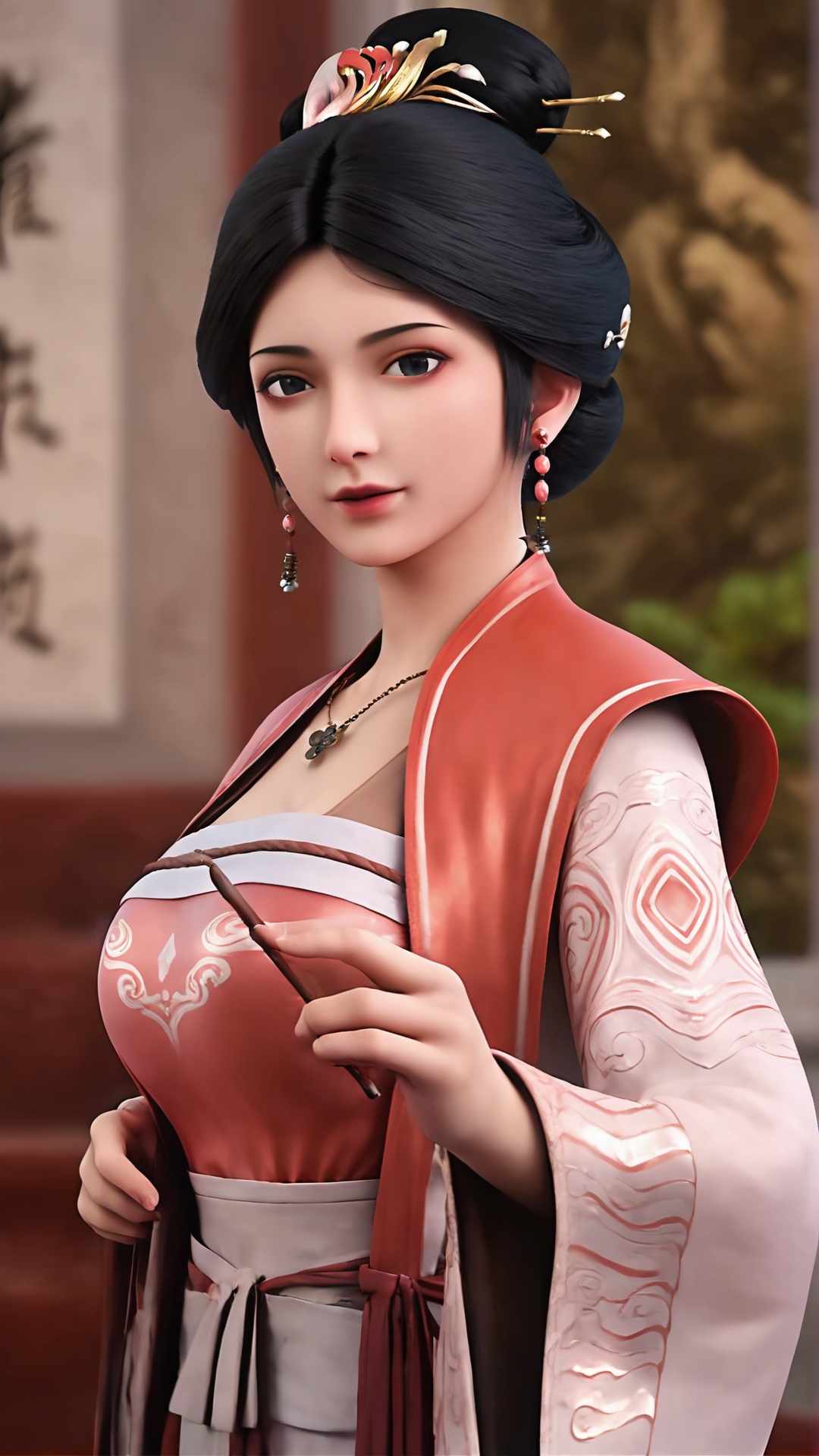 1girl,jewelry,chinese clothes,solo,earrings,black hair,necklace,hanfu,hair ornament,holding,dress,looking at viewer,upper body,realistic,long sleeves,wide sleeves,black eyes,<lora:lora.by_tusi:0.7>,incredibly absurdres,wallpaper,<lora:画面亮度调节器丨美白皮肤去油腻-增加面部细节_v1.0:0.6>,