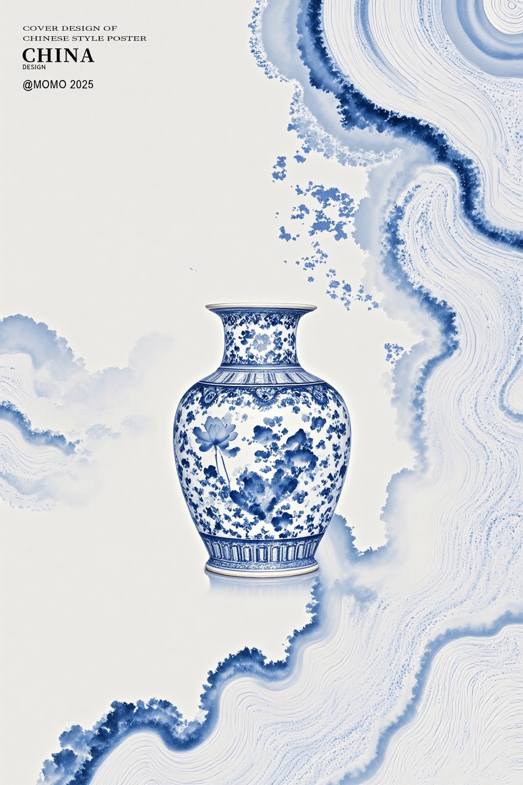 INK-WASH STYLE,Blue Porcelain Rhythm |Core: Blue-and-white porcelain vase [can be replaced with cloisonné],Dynamic: Climbing lotus pattern [can be replaced with wave pattern],Text: Lower right corner,Style: Cobalt blue monochrome,Add the text "COVER DESIGN OF CHINESE STYLE POSTER", "CHINA DESIGN", "@MOMO 2025" in the Top Left Corner. The overall design should blend traditional Chinese architectural elements with artistic expression, exuding an elegant and serene cultural atmosphere.
