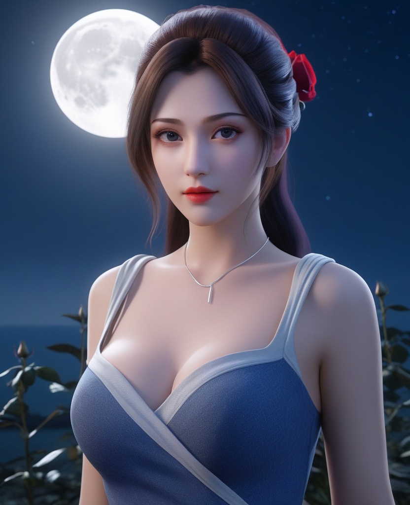 <lora:577-DA-XL-斗破苍穹-云韵-黑服:0.8>(,1girl, ,best quality, ),looking at viewer,masterpiece, (( , )),, realistic,science fiction,mole, ultra realistic 8k cg, moonlight,full moon,  rose,(cleavage), (),