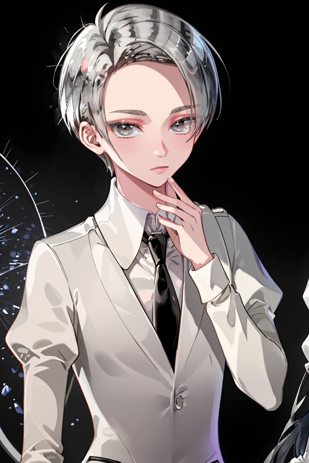 masterpiece,best quality, highly detailed, cairngorm (houseki no kuni),androgynous,1other,solo,gem uniform \(houseki no kuni\),looking at viewer,necktie,<lora:cairngorm_(houseki_no_kuni):1>