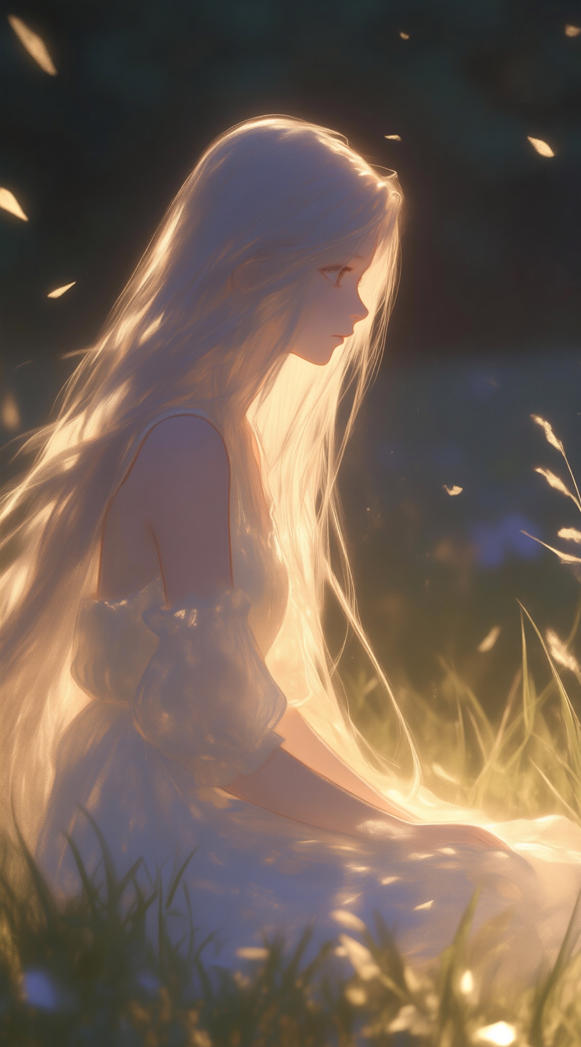 This is a digital illustration,, masterpiece,best quality,1girl,solo,grass,long hair,ahoge,sitting,dress,glowing,very long hair,scenery,outdoors,light particles,, extreme aesthetic,(quasarcake:0.7),masterpiece,best quality,good quality,newest,year 2024,year 2023,very aesthetic,absurdres,, A shot with tension,(Visual impact:1.2),insanely interplay between lights and shadows,(ray tracing),sunlight,reflective,masterful details,intricate details,soothing tones,high contrast,natural skin texture,soft light,sharp,, ultra-high resolution,32K UHD,sharp focus,best-quality,masterpiece,Emotionalization,unconventional supreme masterpiece,masterful details,temperate atmosphere,with a high-end texture,in the style of fashion photography,, (glowing:1.2),depth of field,blurry background,cast shadow,black theme,dutch angle,photo background,3d background,hyperrealism background,, Negative prompt: ng_deepnegative_v1_75t,(badhandv4:1.2),EasyNegative,(worst quality:2),,nsfw, Steps: 30, Sampler: Euler, CFG scale: 4.0, Seed: 3107315278, Size: 1142x2048, Model hash: 98763a1277, Model: Qwen-Image_1.0.safetensors, Denoising strength: 0, RNG: CPU, Lora 1: ZOZ_情绪插画04, Lora Hash 1: e826ccab9b, Lora Weight 1: 0.8, vae_name: automatic