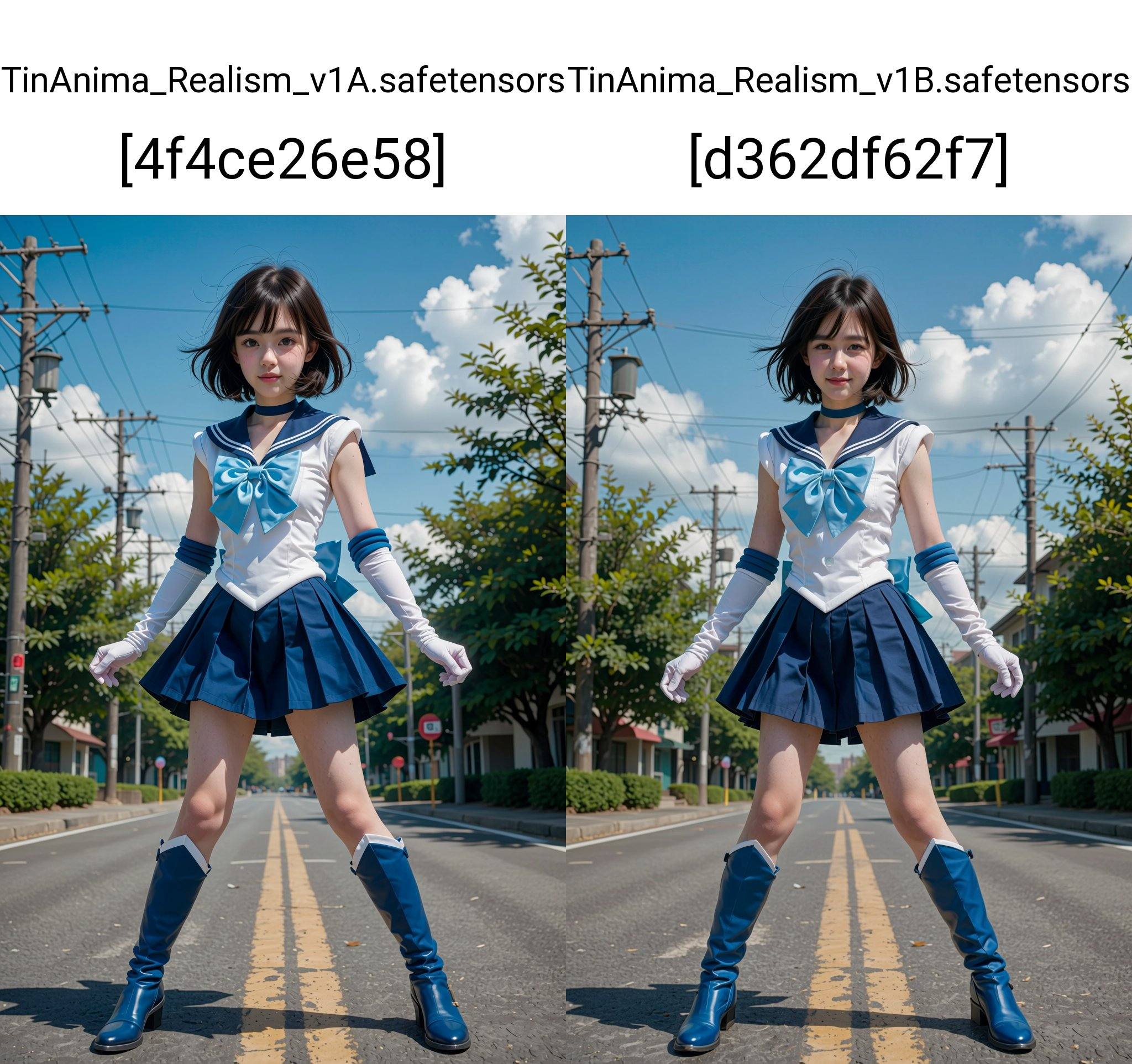 Create a vibrant scene featuring a young woman dressed in a sailor-style costume,  standing confidently in the middle of a...