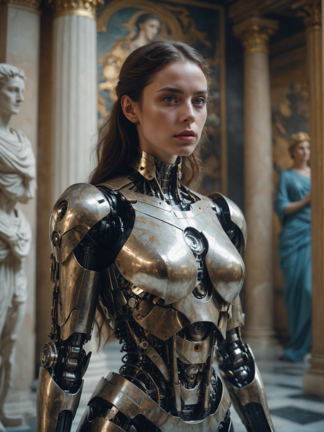 cinematic film still,  close up,  a robot woman stands tall on Tensor.Art