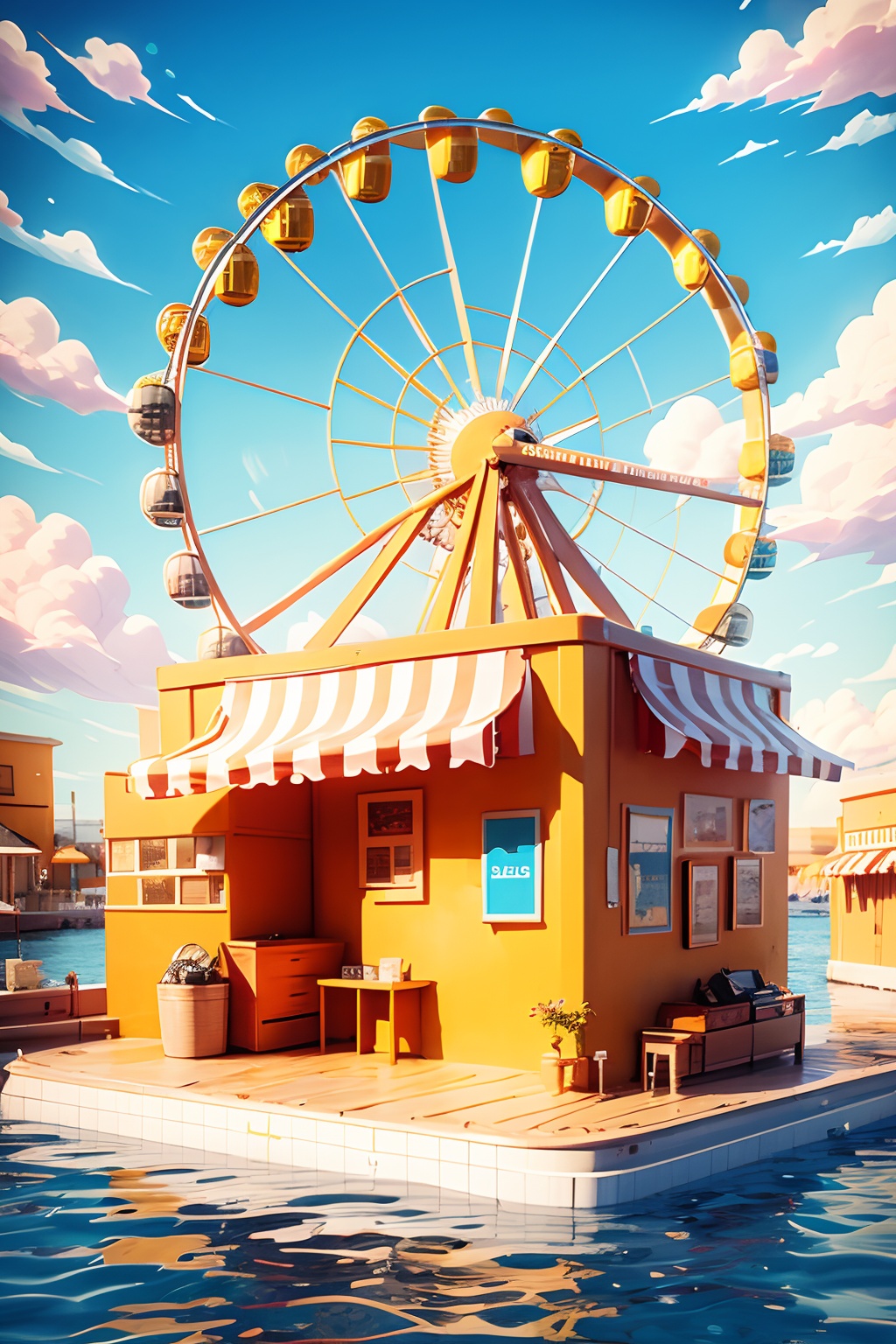 amazing,\(best quality:1.2\),Best quality,still life,3d scene,outdoors,sky,day,cloud,water,blue sky,no humans,building,scenery,ferris wheel,