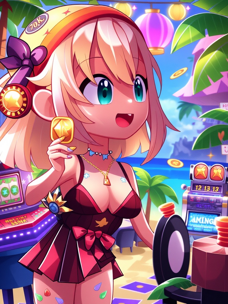 style_mix,  A whimsical fantasy world where chibi characters play in a tropical casino,  surrounded by palm trees on Tenso...